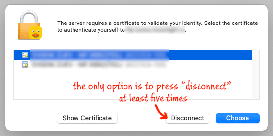 Cyberduck prompt: the server requires a certificate to validate your identity.